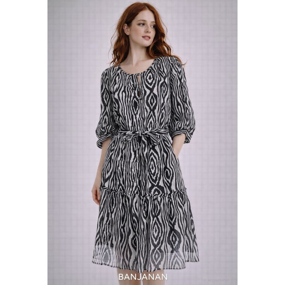 Banjanan Black White Ikat Cotton Midi Dress Tie Waist tiered Lg